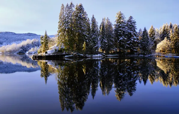 Картинка зима, лес, небо, природа, озеро, отражение