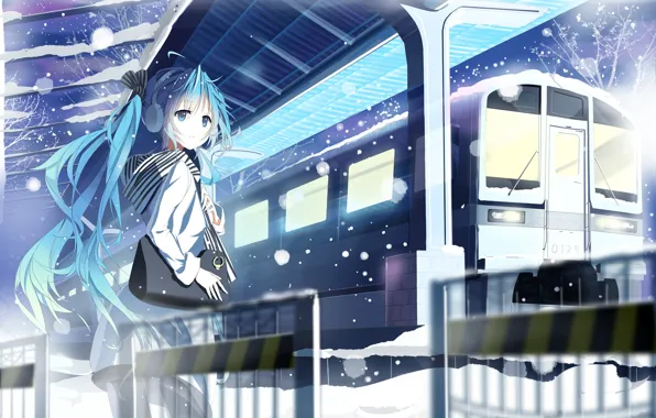 Картинка зима, девушка, снег, поезд, станция, арт, сумка, vocaloid