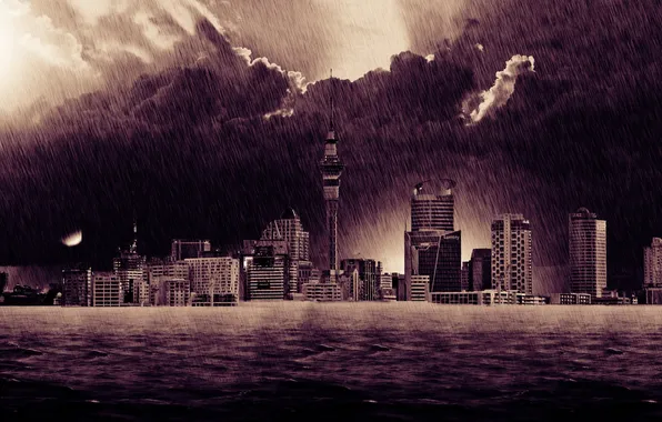 Город, дождь, здания, дома, наводнение, небоскрёбы