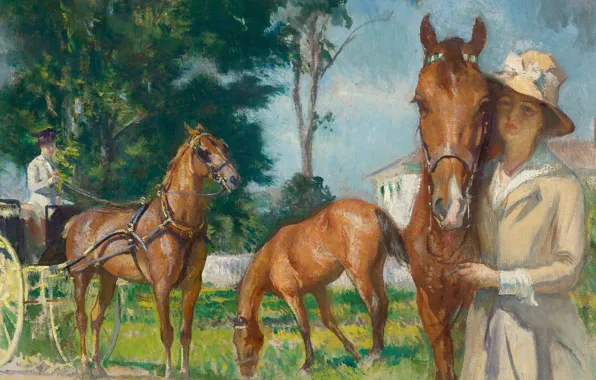 Девушка, картина, лошади, Эдмунд Тарбелл, New Castle Poppy, Edmund Charles Tarbell