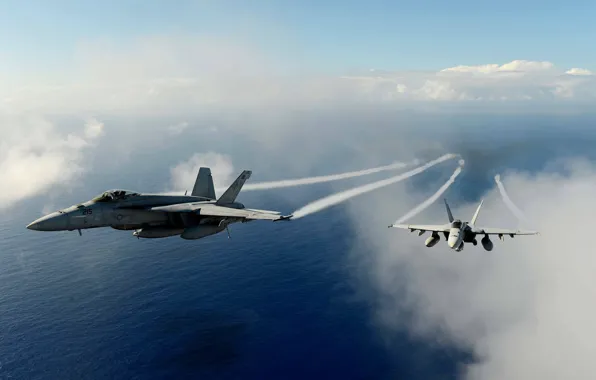 Картинка sky, aircraft, sea, weapon, wings, clouds, fly, couple