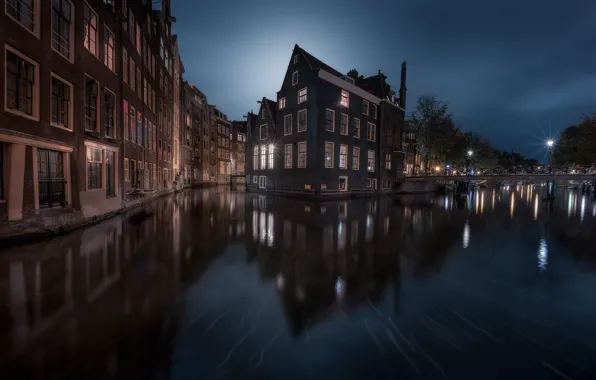Вода, ночь, город, огни, дома, Амстердам, Нидерланды, каналы