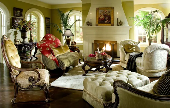 Картинка цветы, дизайн, стиль, стол, комната, диван, огонь, интерьер
