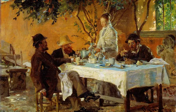 Картинка стол, картина, завтрак, двор, жанр, Peder Severin Krøyer
