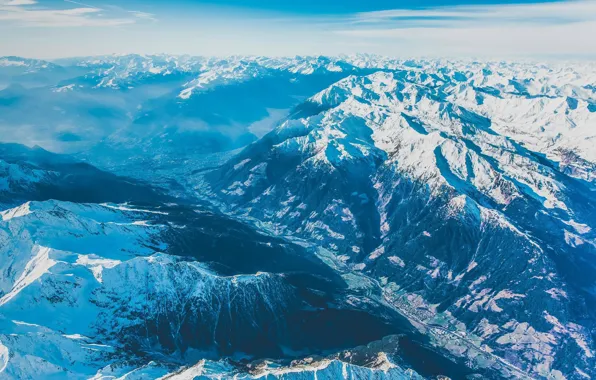 Дорога, облака, снег, горы, природа, красиво, ущелье, mountains