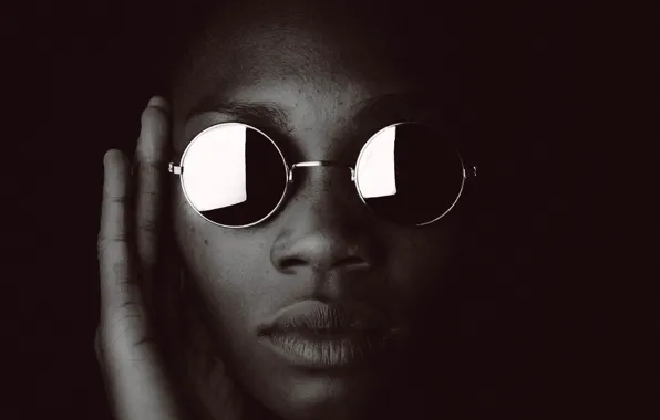 Girl, face, reflection, sunglasses