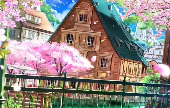 Картинка провода, забор, голубое небо, деревянный дом, цветение весной, весенний ветерок