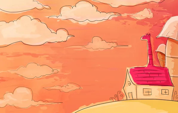Картинка облака, оранжевый, дом, розовый, жираф