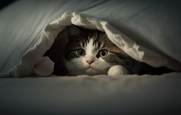 Кошка, кот, взгляд, свет, котенок, игра, портрет, покрывало