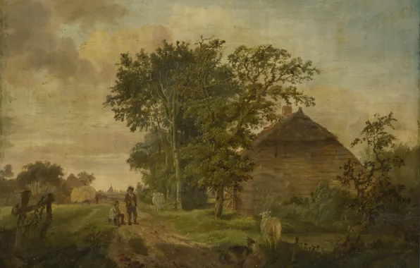 Картинка пейзаж, дома, картина, Jan Cornelis Haccou, Дорога у коттеджа