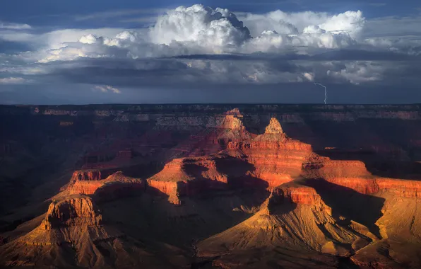 Небо, облака, горы, скалы, молния, пустыня, США, Grand Canyon
