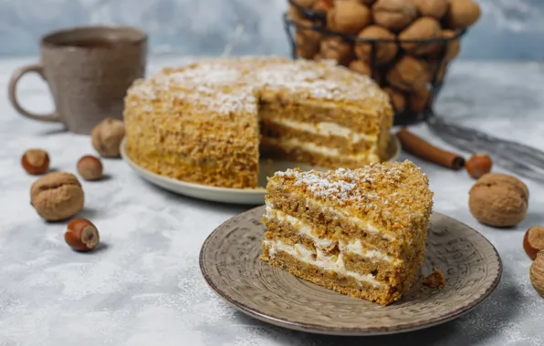 Торт, орехи, крем, выпечка, кусок, морковный торт