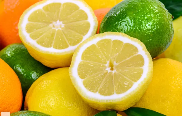 Картинка лимон, апельсин, лайм, цитрусы