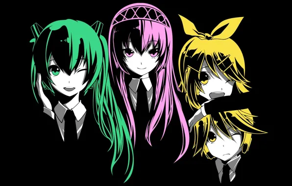 Девушки, парень, vocaloid, Hatsune Miku, Kagamine Rin, вокалоид, Kagaemine len, Luka