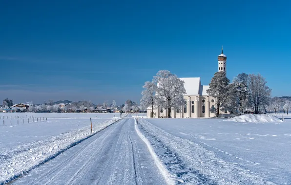 Картинка зима, дорога, снег, деревья, горы, дома, Германия, Бавария