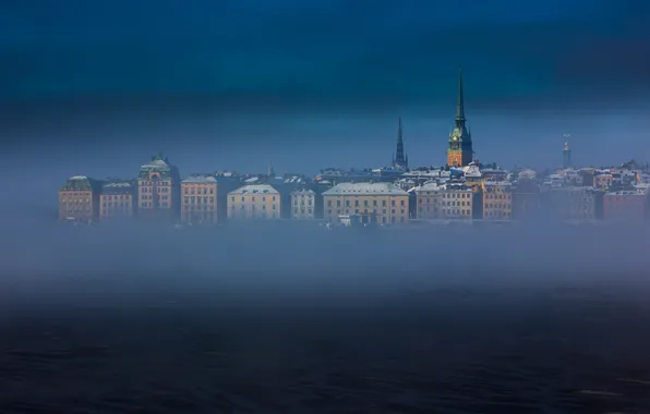 Море, небо, туман, башня, дома, Стокгольм, Швеция