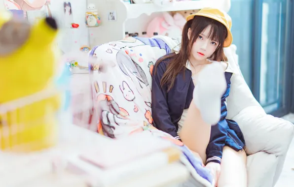 Beautiful, Asian, Model, Woman, Sofa, Cute, Jacket, Pretty