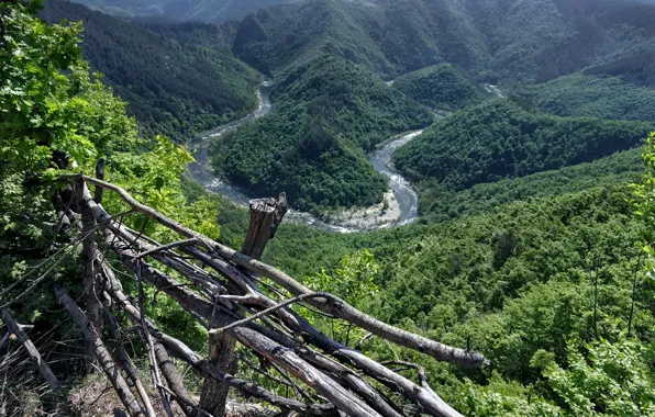 Зелень, деревья, горы, ограда, простор, space, trees, mountains