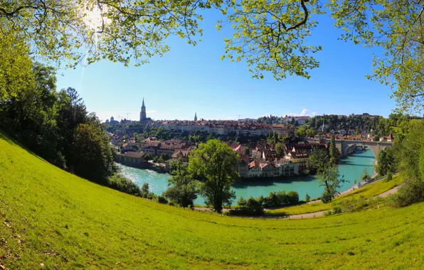 Картинка деревья, мост, река, здания, дома, Швейцария, панорама, Switzerland
