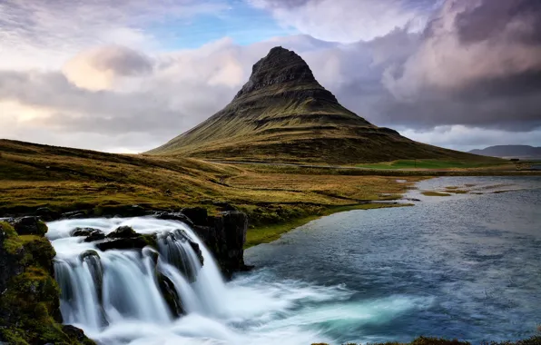 Гора, водопад, поток, Исландия, Kirkjufell