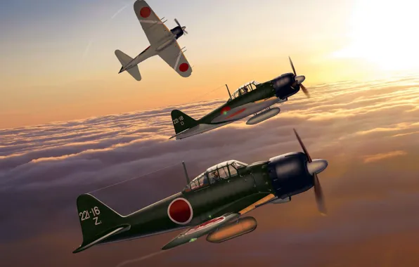 Картинка Япония, арт, Mitsubishi, истребитель-перехватчик, WW2, A6M5 Zero, ВМС Императорской Японии