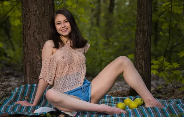 Грудь, природа, улыбка, модель, шорты, брюнетка, Jenna, Lerae