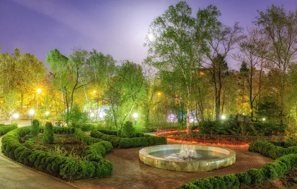 Деревья, дизайн, огни, парк, вечер, фонари, фонтан, Россия