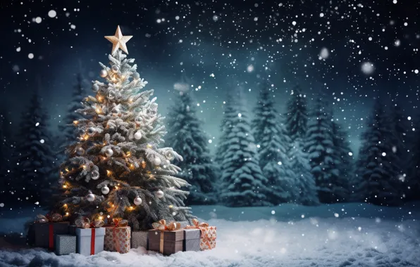 Новый Год, подарки, snow, зима, fir tree, tree, Christmas, ночь