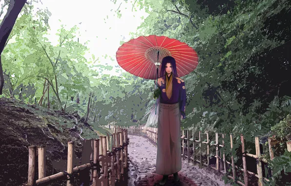 Картинка дорога, небо, деревья, стиль, зонт, Япония, Аниме, парень