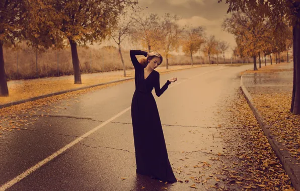 Осень, девушка, поза, улица, платье