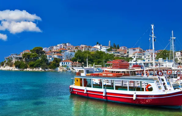 Картинка море, небо, облака, природа, дома, лодки, Греция, Greece