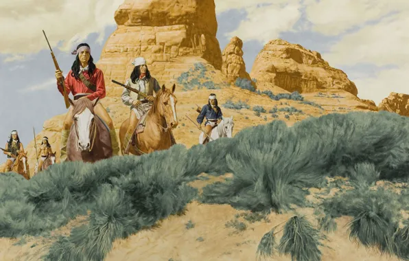 Рисунок, кони, ружья, индейцы, всадники