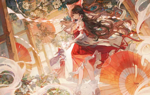 Цветы, девушки, зонты, двое, Hakurei Reimu, Touhou Project