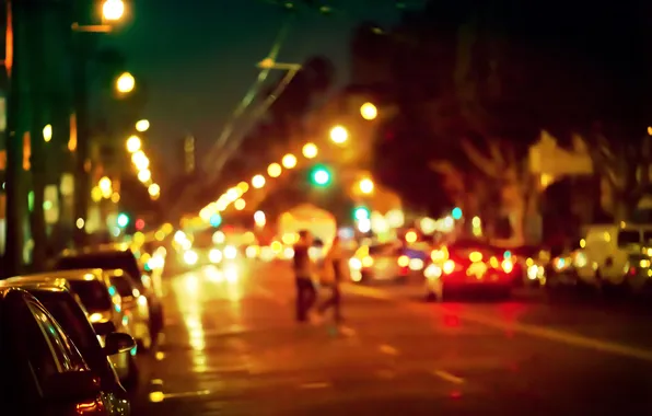 Картинка свет, деревья, город, люди, улица, автомобили, лампа должность