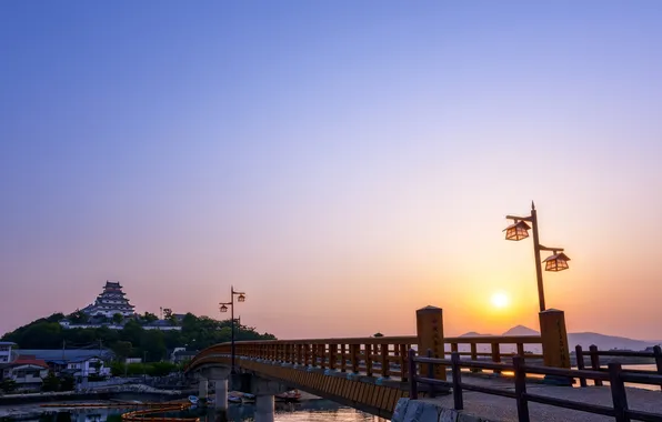 Картинка небо, солнце, мост, восход, замок, рассвет, утро, Япония