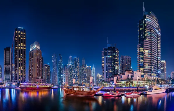 Здания, дома, лодки, залив, Дубай, ночной город, Dubai, небоскрёбы