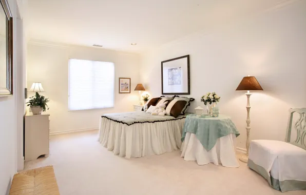 Картинка белый, дизайн, фото, стол, лампа, кровать, интерьер, спальня