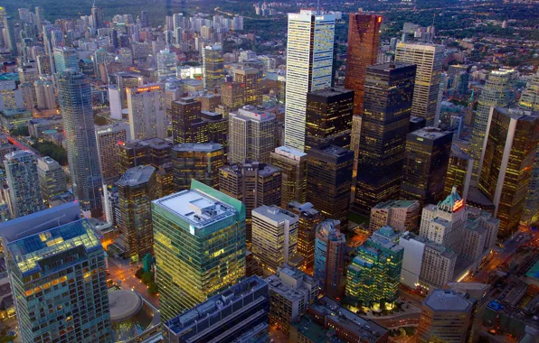 Огни, небоскребы, вечер, Канада, панорама, мегаполис, Toronto