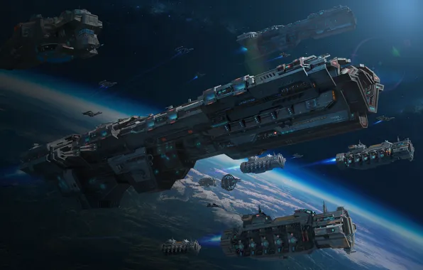 Картинка космос, звезды, транспорт, корабль, планета