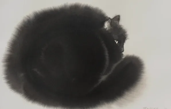 Серый фон, живопись, Endre Penovac, черный котяра, акварель по-мокрому, черно-белый рисунок, пушистая шерстка