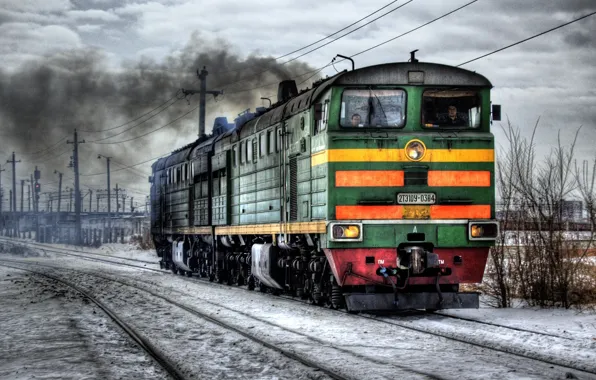 Зима, поезд, локомотив, Россия