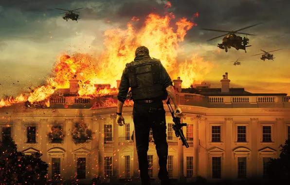 Картинка взрыв, огонь, человек, вертолеты, автомат, Белый дом, Падение Олимпа, Olympus Has Fallen