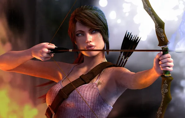 Девушка, огонь, лук, Tomb Raider, Lara Croft