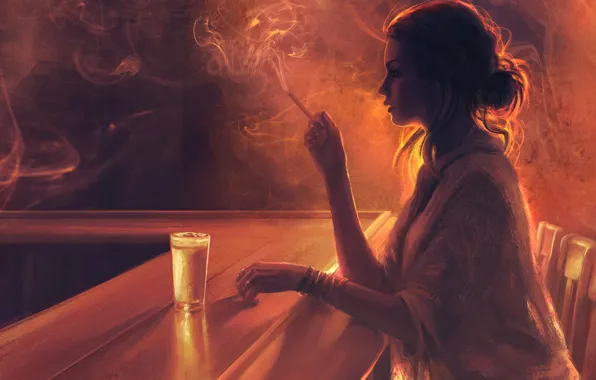 Картинка девушка, стакан, дым, стулья, сигарета, профиль, скука, барная стойка