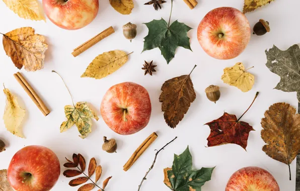 Картинка осень, листья, яблоко, плоды, желуди