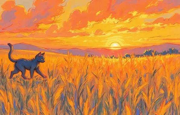 Поле, кошка, кот, листья, солнце, облака, закат, природа