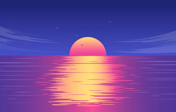 Sun, Water, Sunset, Skyline, reflect, digital art, Ocean, Sea