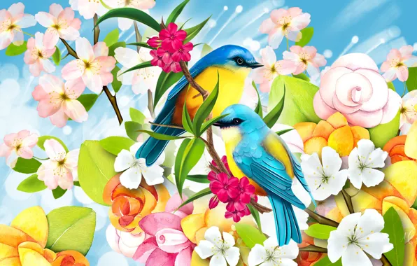 Картинка цветы, рисунок, птички
