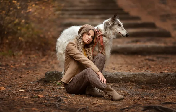 Картинка осень, девушка, поза, собака, Анастасия Бармина