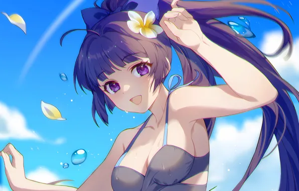Girl, sexy, sky, long hair, boobs, anime, water, beautiful